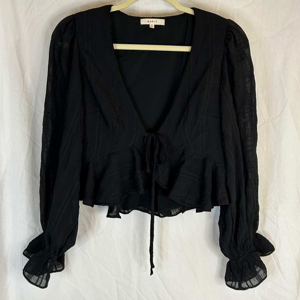 Mable Women's Small Black Tie Front Blouse Ruffle Trim‎ Long Sleeve Top